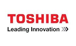 Logo of Toshiba, featuring the word "TOSHIBA" in bold red letters above the slogan "Leading Innovation" in black text. An arrow points right, emphasizing forward movement and progress.