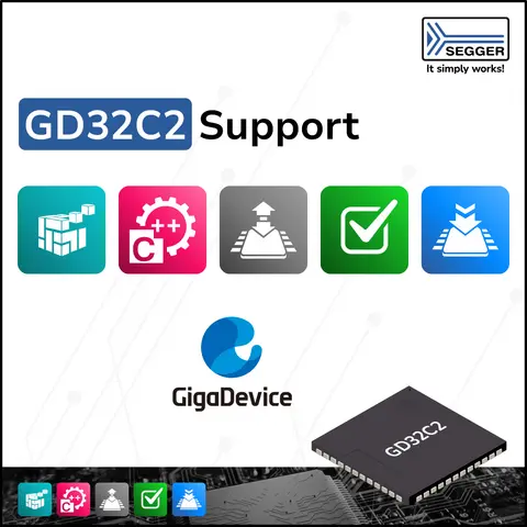 PR Graphic: J-Link and Flasher devices with GigaDevice chip J-Link and Flasher devices next to GigaDevice GD32C2  microcontroller