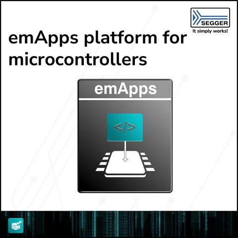 Logo for the emApps platform, designed for microcontrollers, featuring a coding symbol above a circuit board image. The text "emApps platform for microcontrollers" is displayed prominently, indicating its purpose in software development for embedded systems.