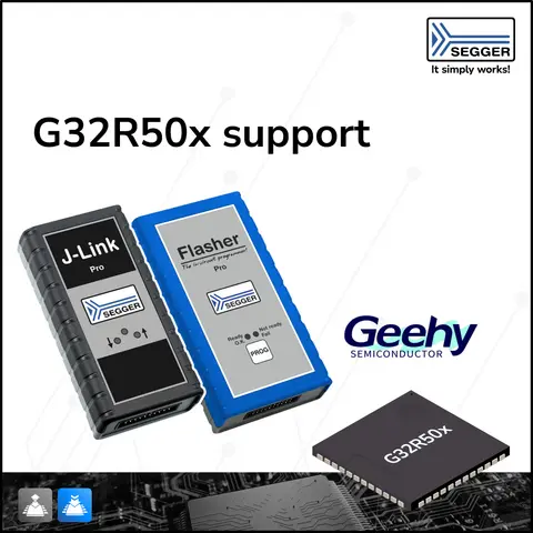 PR Graphic: J-Link, Flasher, and GDB J-Link and Flasher next to Geehy G33R50x chip