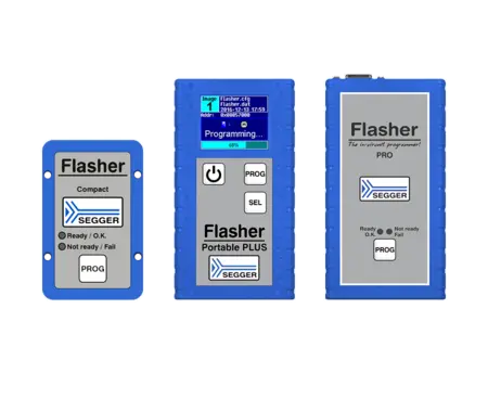 Overview images Program Flasher Images showing a piece of SEGGER's Flasher product portfolio showing Flasher Compact, Flasher Portable PLUS, and Flasher PRO
