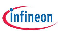 Logo of Infineon Technologies, featuring the word "infineon" in blue letters and a red curved line surrounding it. The design conveys a modern, technological feel, representing the company's focus on semiconductors and electronics.