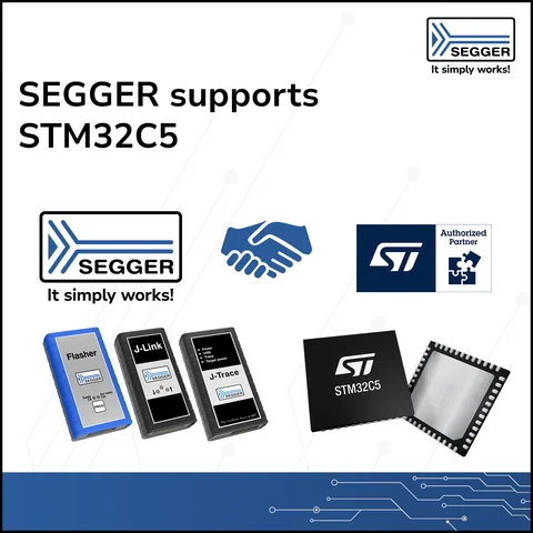 PR graphic: STM32C5 support SEGGER and ST logos with related SEGGER products and STM32C5 MCU below