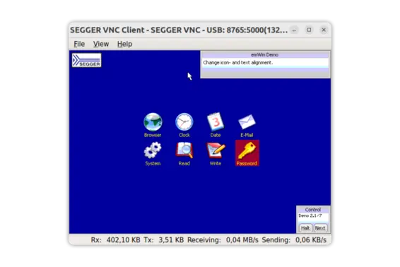 SEGGER VNC Client on macOS connected to STM32F746-DISCO board running emVNC Server virtual display playing SEGGER demo