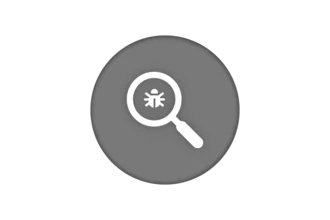 A magnifying glass over a bug icon on a gray circular background, symbolizing bug detection or investigation.