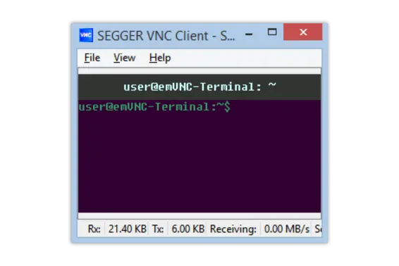 SEGGER VNC Client on Windows connected over USB to emPower board running emVNC Server virtual display playing terminal demo