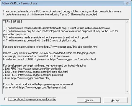 J-Link BBC microbit lic dialog