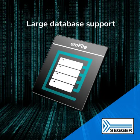 PR graphic: emFile support for large databases with SQLite integration PR graphic showing the emFile icon and the text "large database support"
