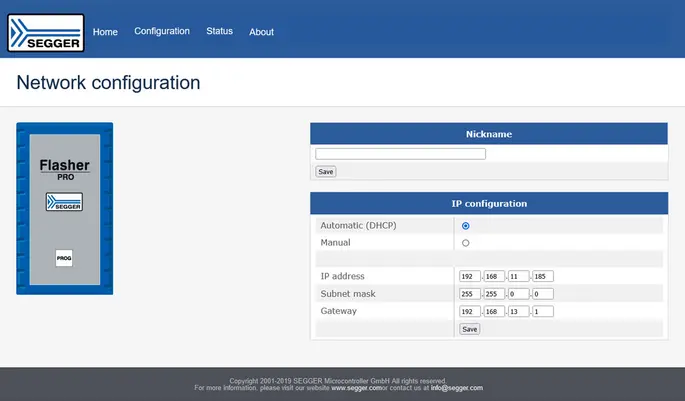 Web server showing network configuration options for Flasher PRO