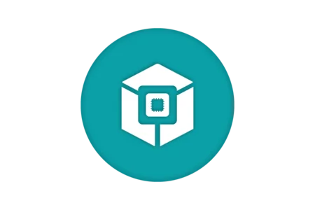 A white, stylized cube icon with a smaller square inside it, placed on a teal circular background. The design suggests technological or digital themes.