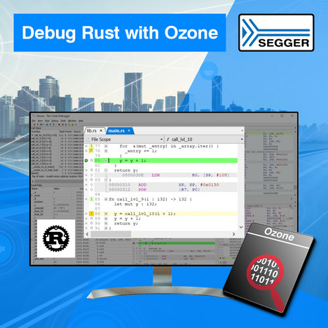 News graphic including Rust logo on the left, Ozone icon on the right and, in the center, monitor showing code used with Ozone