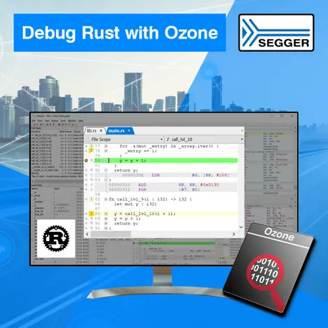 News graphic including Rust logo on the left, Ozone icon on the right and, in the center, monitor showing code used with Ozone