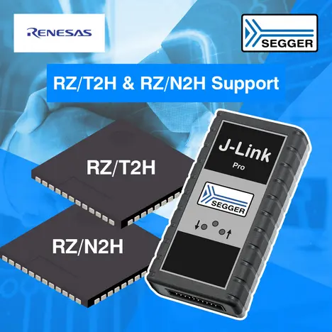 News graphic: J-Link supports Renesas News graphic: two MPUs on the left, black SEGGER J-Link on the right
