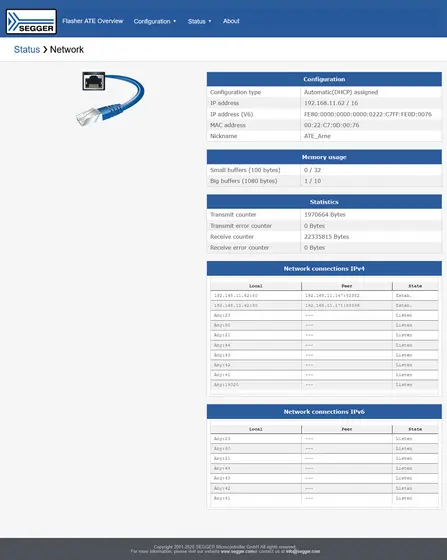 Web server showing network status of Flasher ATE