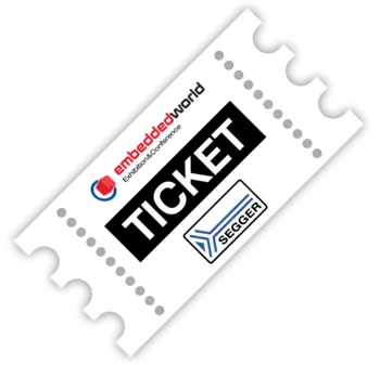 Graphics of a stylized ticket with the embedded world and SEGGER logo, in the middle the lettering Ticket in white on black