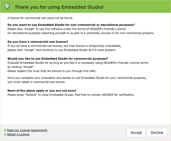 embedded studio license dialog