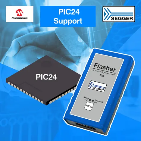 News graphic: Flasher support for Microchip PIC24 devices Black chip on the left, blue Flasher programming device on the right