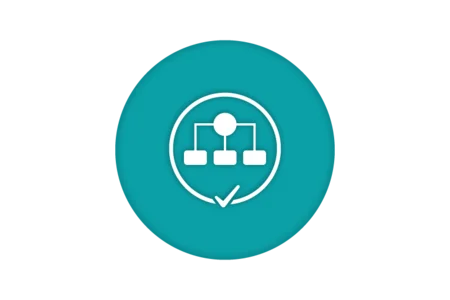 Icon representing a flowchart or organizational structure, with a central circle connected to three smaller rectangles, all enclosed in a circular outline. A check mark is present at the bottom right, suggesting completion or approval. The background is a teal color.