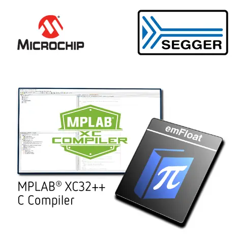 The image features logos and branding for Microchip, SEGGER, and emFloat, along with a prominent display of the MPLAB® XC32++ C Compiler. The background suggests a programming environment, emphasizing software development tools for embedded systems.
