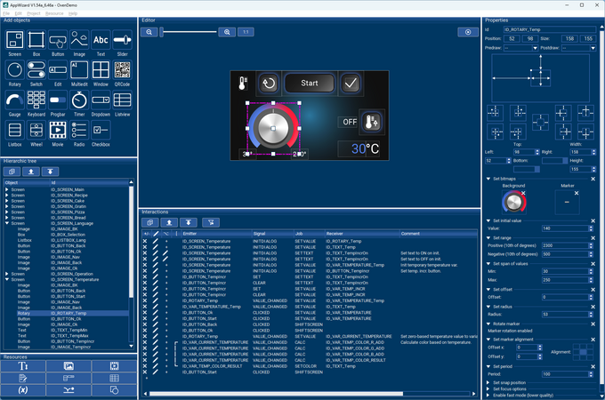 AppWizard showing the dashboard with widgets that are used to create a GUI for a temperature control gauge