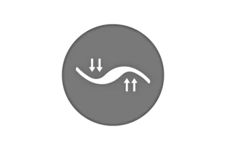 Icon featuring a curved line with arrows pointing up and down, set against a gray circular background. This design suggests movement or fluctuation, possibly representing concepts like oscillation or variation.