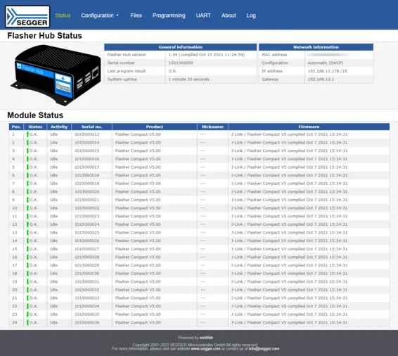 Web Server showing device information of the Flasher Hub with Flasher Compacts