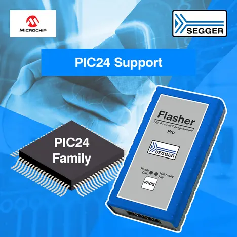 News graphic with microcontroller on the left and SEGGER Flasher on the right side