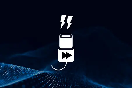 Use case graphic: Black background, USB-C plug including fast forward icon