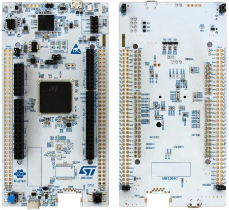 The image features two sides of a Nucleo development board, identified as ST MB1364C. It displays various electronic components, connectors, and pins, which facilitate connectivity and functionality for programming and development projects. The design is predominantly white with blue markings.