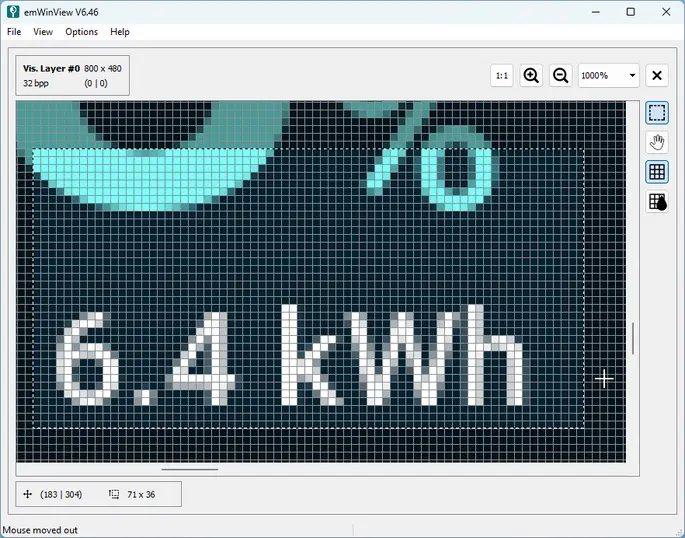 Display showing a greatly zoomed part of the graphical user interface of the charge process of an electric vehicle accessed via emWinView