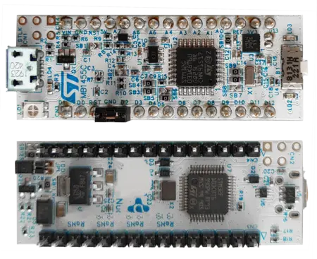 The image shows two microcontroller circuit boards stacked on top of each other. The top board features various components, including a USB port, while the bottom board has multiple pins and a central microchip. Both boards are designed for electronics prototyping and development.