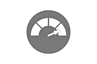 A circular gauge with a gray background and white meter segments. An arrow points towards the highest segment, indicating increased status or performance.