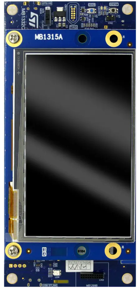 A rectangular electronic display module with a black screen and blue printed circuit board. Various connectors and components are visible, including labels such as "MB1315A" and "USB STLINK." The module features a standard layout for integration into electronic devices.